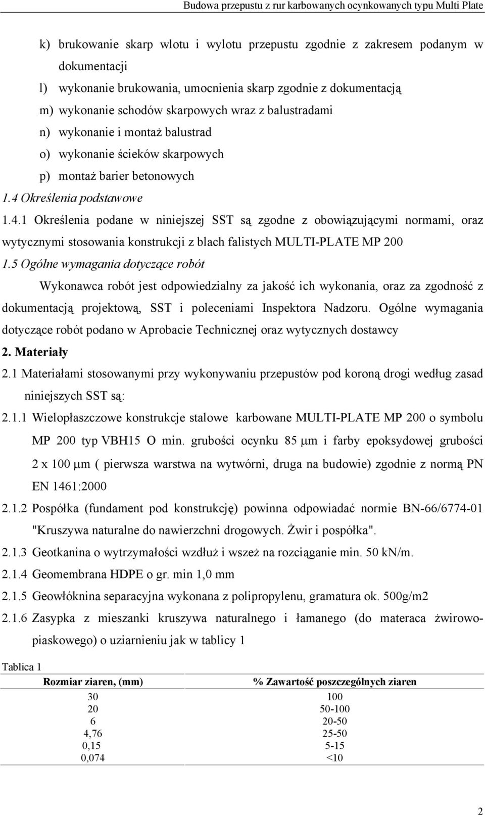 Określenia podstawowe 1.4.1 Określenia podane w niniejszej SST są zgodne z obowiązującymi normami, oraz wytycznymi stosowania konstrukcji z blach falistych MULTI-PLATE MP 200 1.
