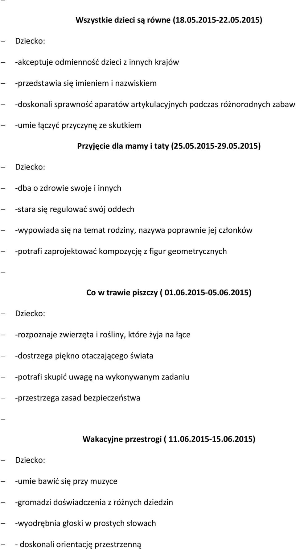 2015) -akceptuje odmienność dzieci z innych krajów -przedstawia się imieniem i nazwiskiem -doskonali sprawność aparatów artykulacyjnych podczas różnorodnych zabaw -umie łączyć przyczynę ze skutkiem