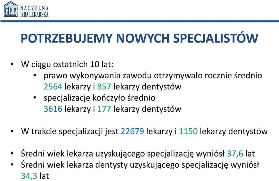 dentystów W trakcie specjalizacji jest 22679 lekarzy i 1150 lekarzy dentystów Średni wiek lekarza