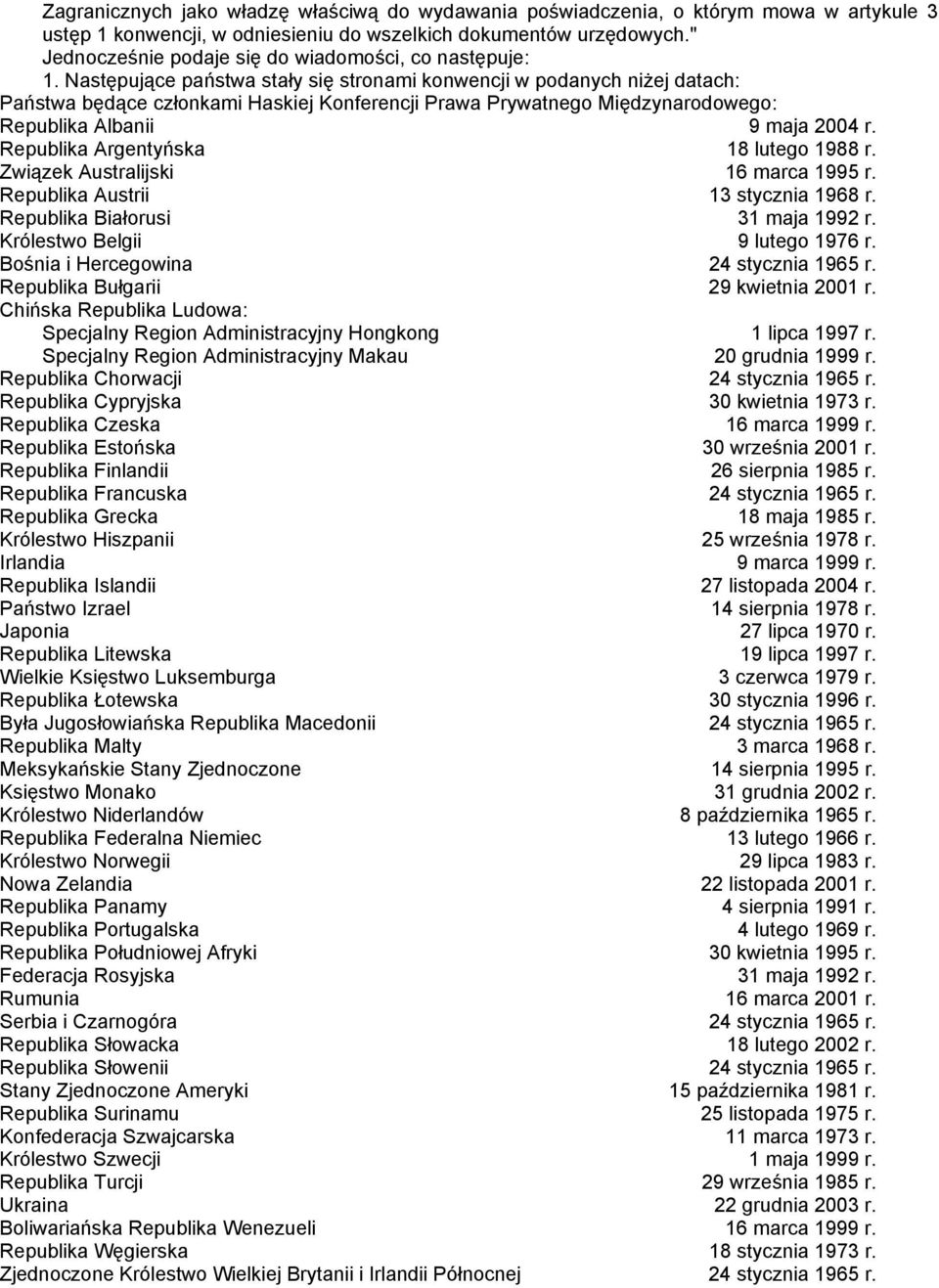 Następujące państwa stały się stronami konwencji w podanych niżej datach: Państwa będące członkami Haskiej Konferencji Prawa Prywatnego Międzynarodowego: Republika Albanii 9 maja 2004 r.