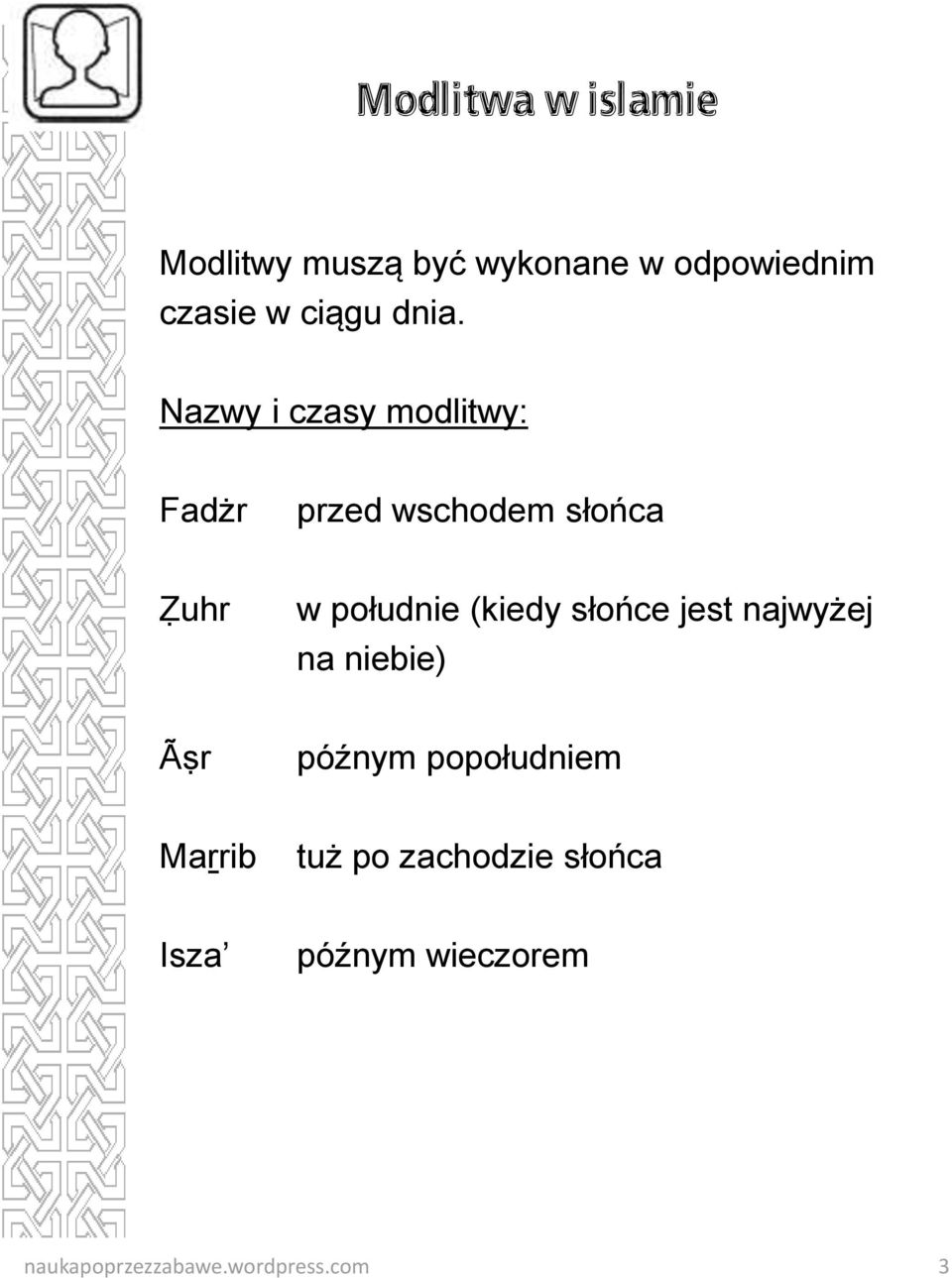 Nazwy i czasy modlitwy: Fadżr przed wschodem słońca Ẓuhr w