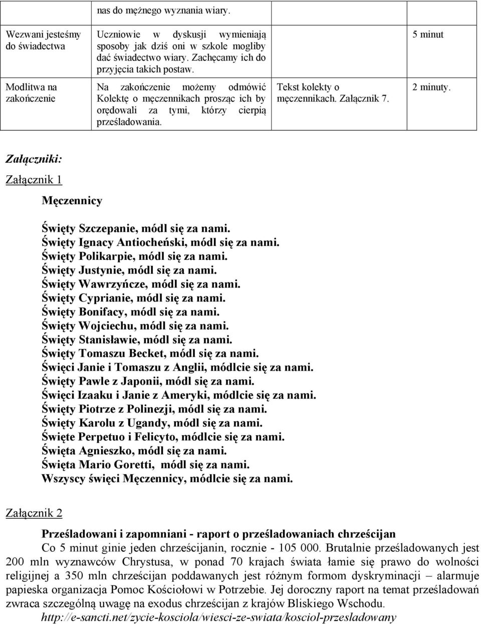 2 minuty. Załączniki: Załącznik 1 Męczennicy Święty Szczepanie, módl się za nami. Święty Ignacy Antiocheński, módl się za nami. Święty Polikarpie, módl się za nami. Święty Justynie, módl się za nami.