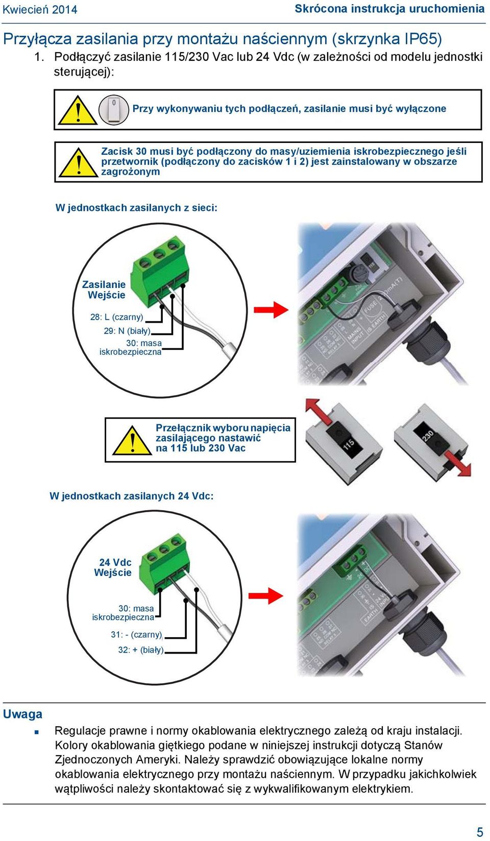 masy/uziemienia iskrobezpiecznego jeśli przetwornik (podłączony do zacisków 1 i 2) jest zainstalowany w obszarze zagrożonym W jednostkach zasilanych z sieci: Zasilanie 28: L (czarny) (Black) 29: 29: