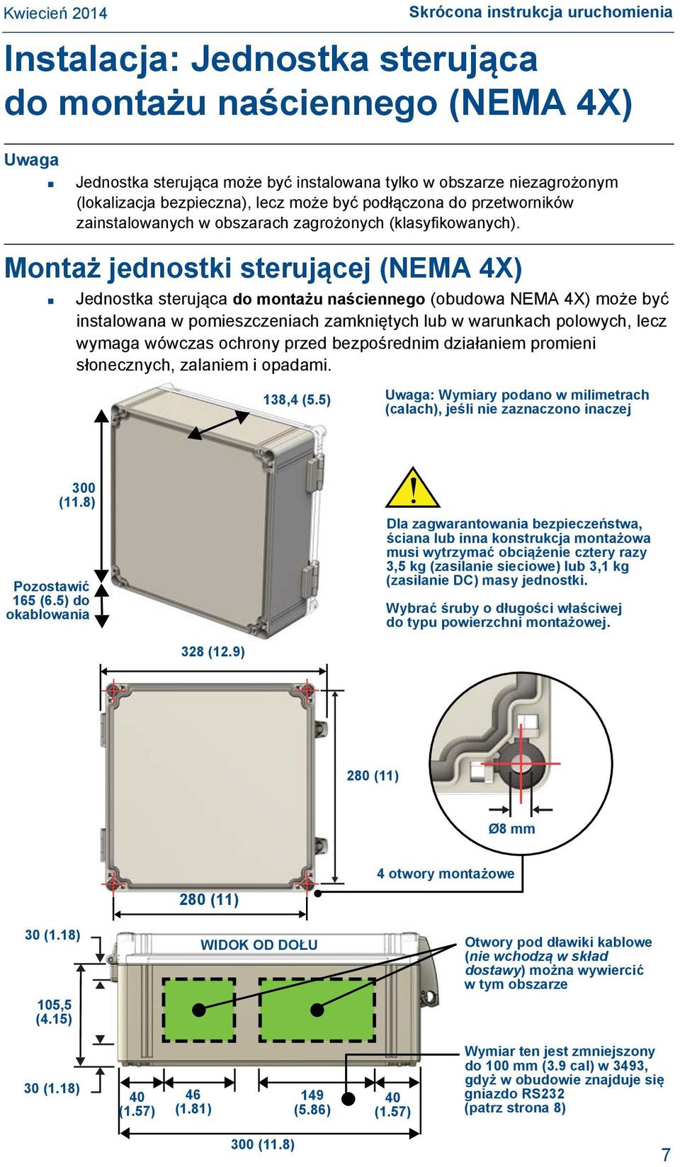 Montaż jednostki sterującej (NEMA 4X) Jednostka sterująca do montażu naściennego (obudowa NEMA 4X) może być instalowana w pomieszczeniach zamkniętych lub w warunkach polowych, lecz wymaga wówczas