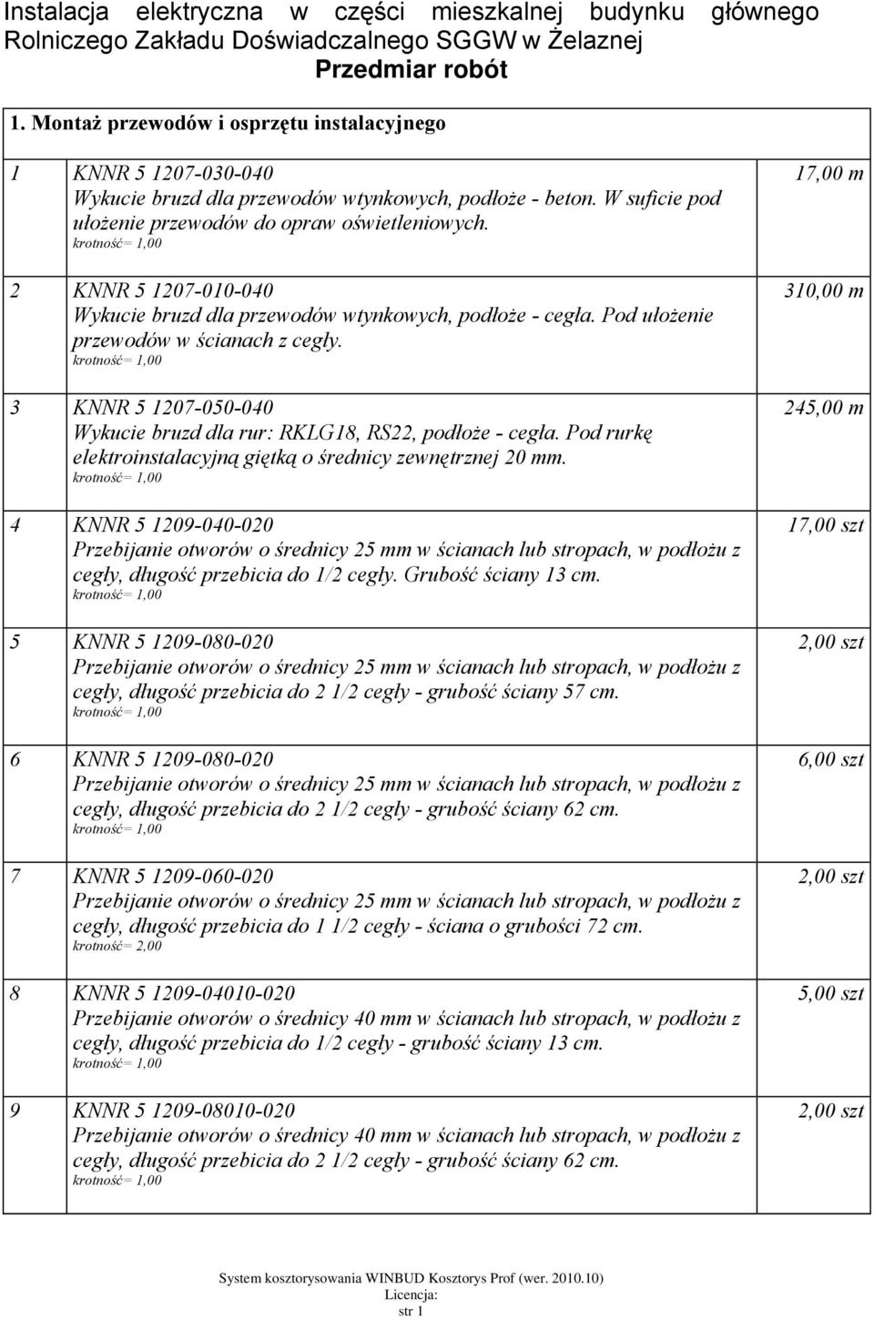 2 KNNR 5 1207-010-040 Wykucie bruzd dla przewodów wtynkowych, podłoże - cegła. Pod ułożenie przewodów w ścianach z cegły. 3 KNNR 5 1207-050-040 Wykucie bruzd dla rur: RKLG18, RS22, podłoże - cegła.