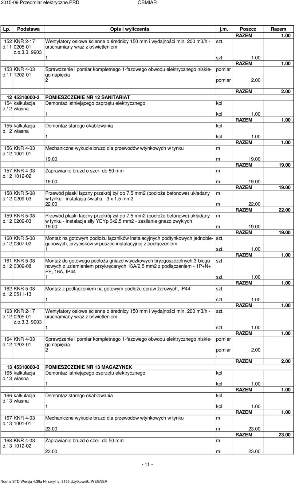 Deontaż istniejącego osprzętu elektrycznego d12 własna 1 100 155 kalkulacja d12 własna 156 KNR 4-03 d12 1001-01 157 KNR 4-03 d12 1012-02 158 KNR 5-08 d12 0209-03 159 KNR 5-08 d12 0209-03 160 KNR 5-08