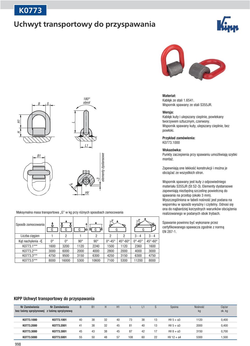 B1 a L1 HV ~3 elementy dystansowe Maksymalna masa transportowa G w kg przy różnych sposobach zamocowania K0773.1000 Punkty zaczepienia przy spawaniu umożliwiają szybki montaż.