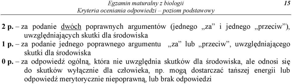 p. za podanie jednego poprawnego argumentu za lub przeciw, uwzględniającego skutki dla środowiska 0 p.