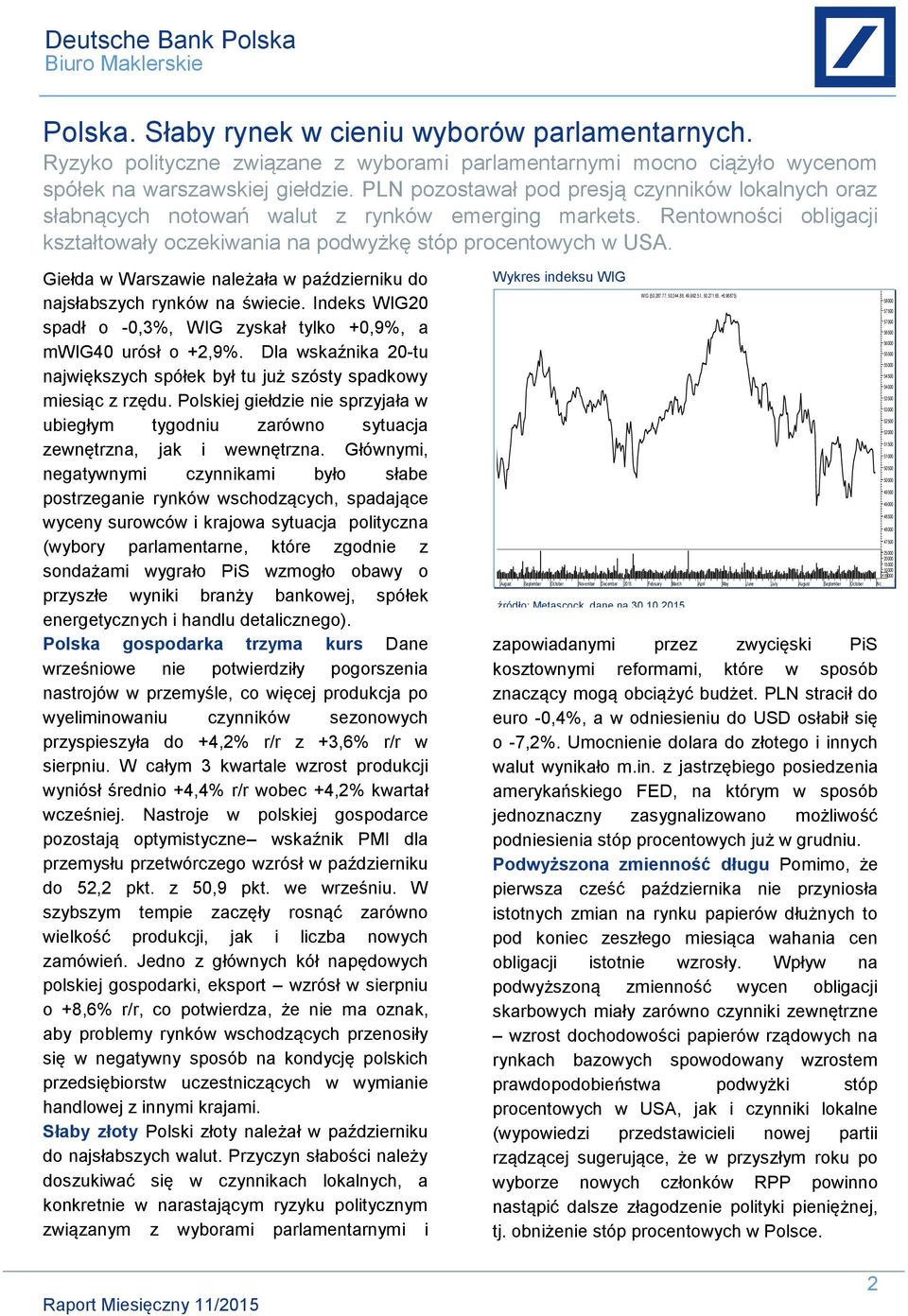 Giełda w Warszawie należała w październiku do najsłabszych rynków na świecie. Indeks WIG20 spadł o -0,3%, WIG zyskał tylko +0,9%, a mwig40 urósł o +2,9%.