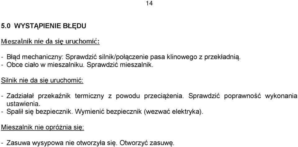 Silnik nie da się uruchomić: - Zadziałał przekaźnik termiczny z powodu przeciążenia.