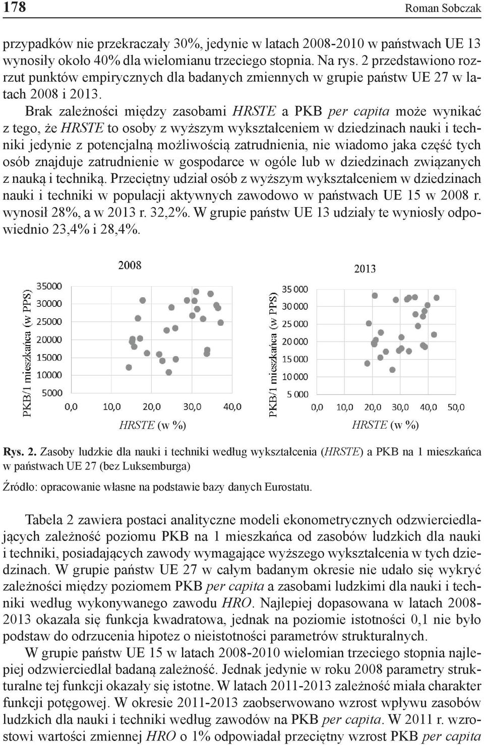 Brak zależności między zasobami HRSTE a PKB per capita może wynikać z tego, że HRSTE to osoby z wyższym wykształceniem w dziedzinach nauki i techniki jedynie z potencjalną możliwością zatrudnienia,