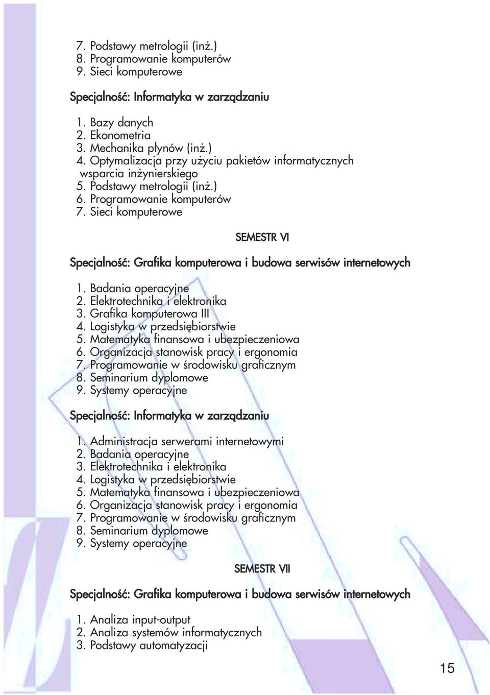 Elektrotechnika i elektronika 3. Grafika komputerowa III 4. Logistyka w przedsiębiorstwie 5. Matematyka finansowa i ubezpieczeniowa 6. Organizacja stanowisk pracy i ergonomia 7.