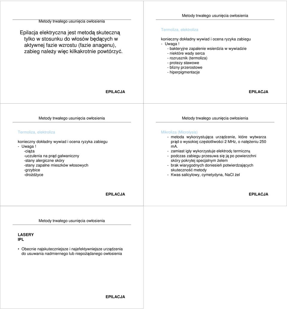 - bakteryjne zapalenie wsierdzia w wywiadzie - niektóre wady serca - rozrusznik (termoliza) - protezy stawowe - blizny przerostowe - hiperpigmentacje  -ciąża -uczulenia na prąd galwaniczny -stany