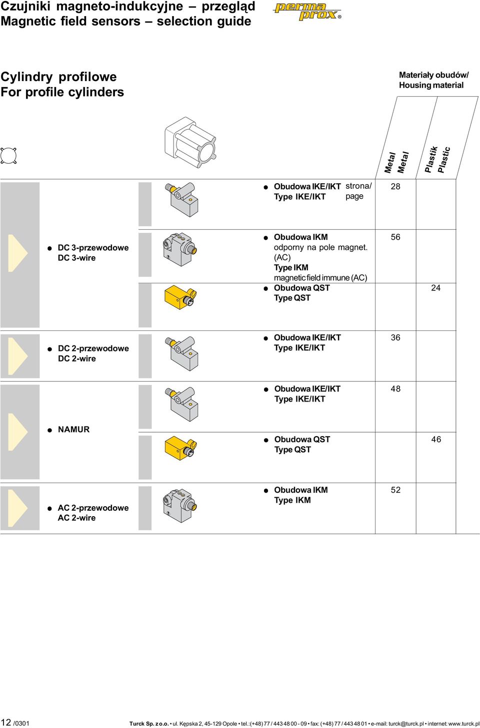 (AC) Type IKM magnetic field immune (AC) Obudowa QST Type QST 56 24 DC 2-przewodowe DC 2-wire Obudowa IKE/IKT Type IKE/IKT 36 Obudowa IKE/IKT Type IKE/IKT 48 NAMUR