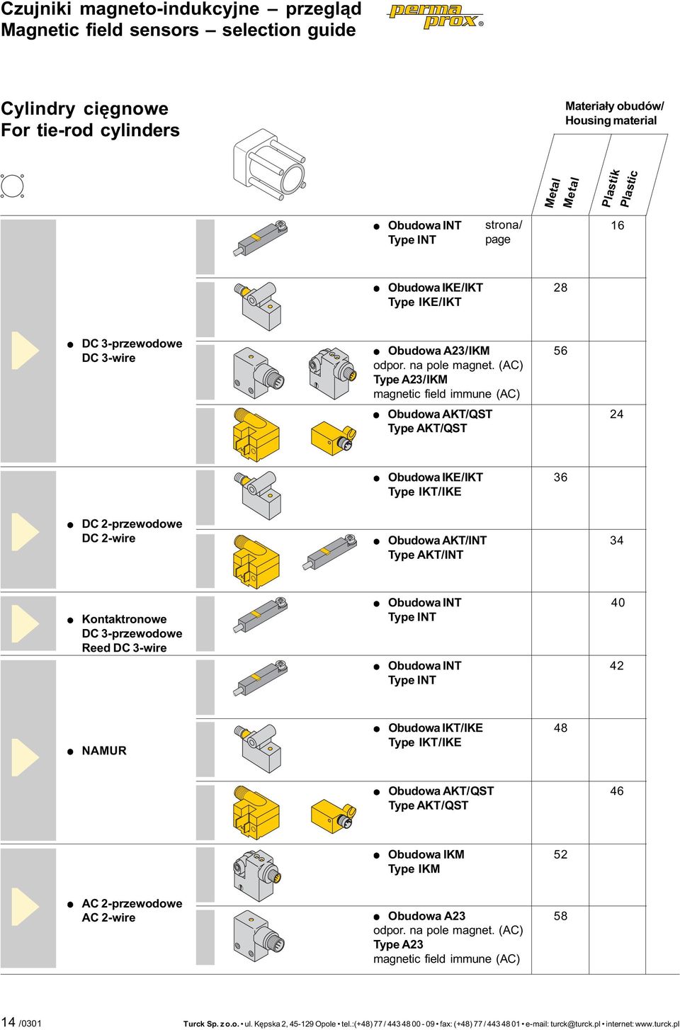 (AC) Type A23/IKM magnetic field immune (AC) 56 Obudowa AKT/QST Type AKT/QST 24 Obudowa IKE/IKT Type IKT/IKE 36 DC 2-przewodowe DC 2-wire Obudowa AKT/INT Type AKT/INT 34 Kontaktronowe DC 3-przewodowe