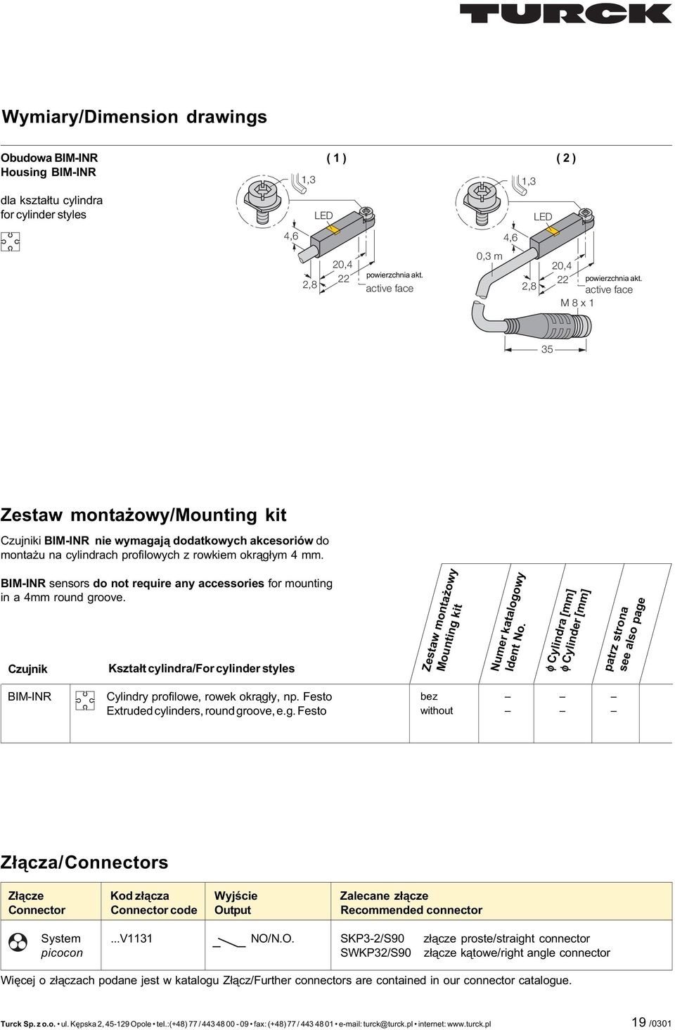 active face M 8 x 1 35 Zestaw monta owy/mounting kit Czujniki BIM-INR nie wymagaj¹ dodatkowych akcesoriów do monta u na cylindrach profilowych z rowkiem okr¹g³ym 4 mm.