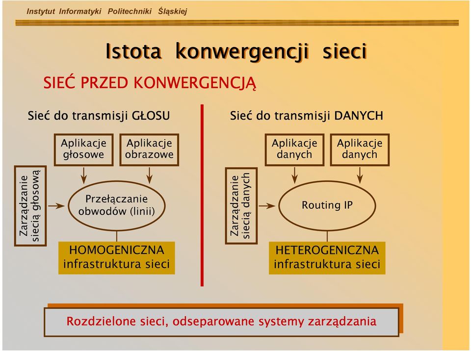 Przełączanie obwodów (linii) Zarządzanie siecią danych Routing IP HOMOGENICZNA