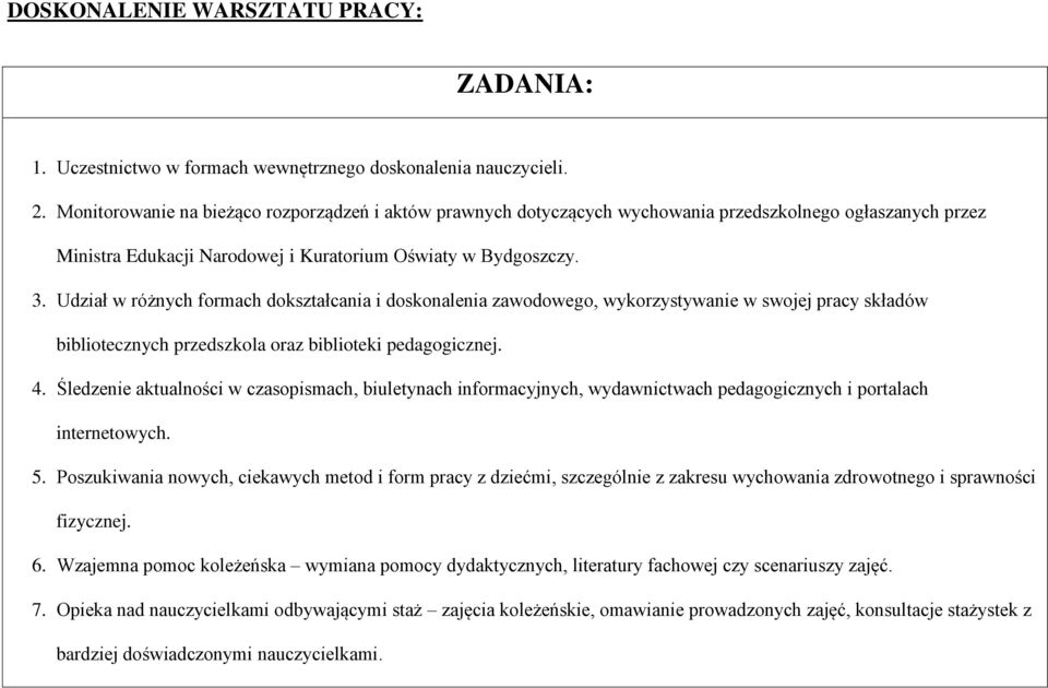 Udział w różnych formach dokształcania i doskonalenia zawodowego, wykorzystywanie w swojej pracy składów bibliotecznych przedszkola oraz biblioteki pedagogicznej. 4.