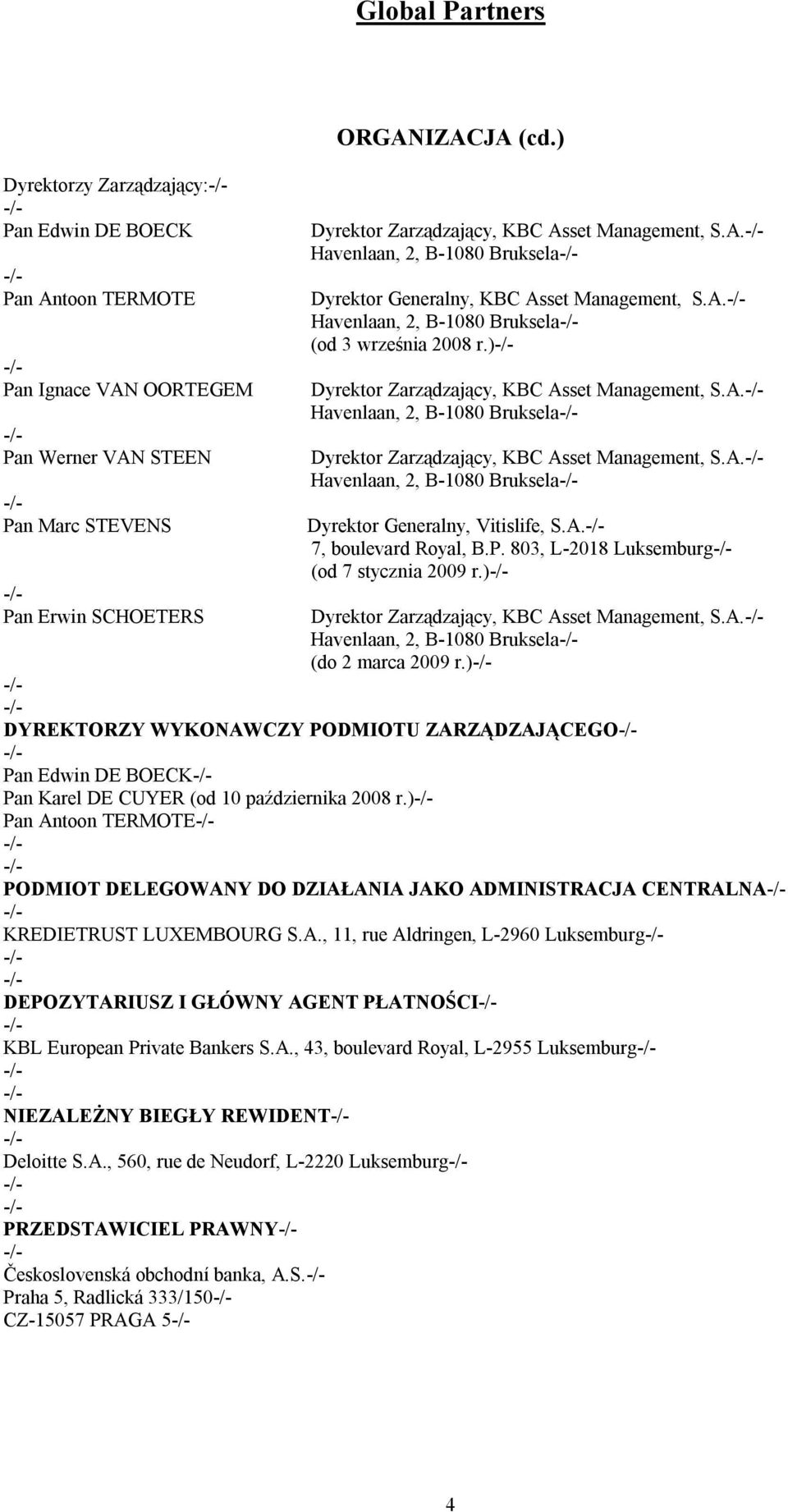 ) Dyrektor Zarządzający, KBC Asset Management, S.A. Havenlaan, 2, B-1080 Bruksela Dyrektor Zarządzający, KBC Asset Management, S.A. Havenlaan, 2, B-1080 Bruksela Dyrektor Generalny, Vitislife, S.A. 7, boulevard Royal, B.