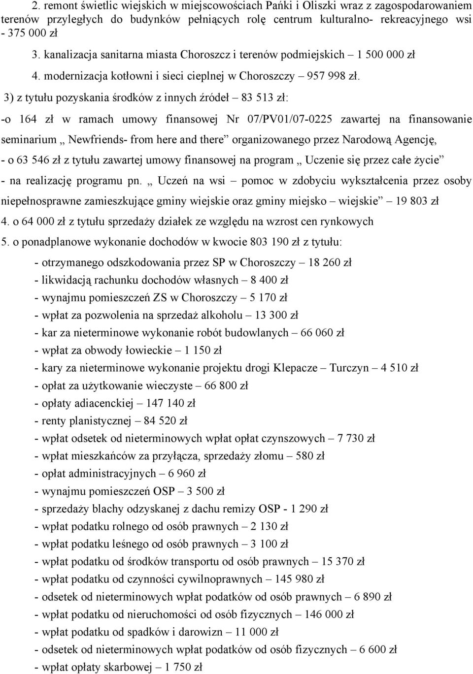 3) z tytułu pozyskania środków z innych źródeł 83 513 zł: -o 164 zł w ramach umowy finansowej Nr 07/PV01/07-0225 zawartej na finansowanie seminarium Newfriends- from here and there organizowanego