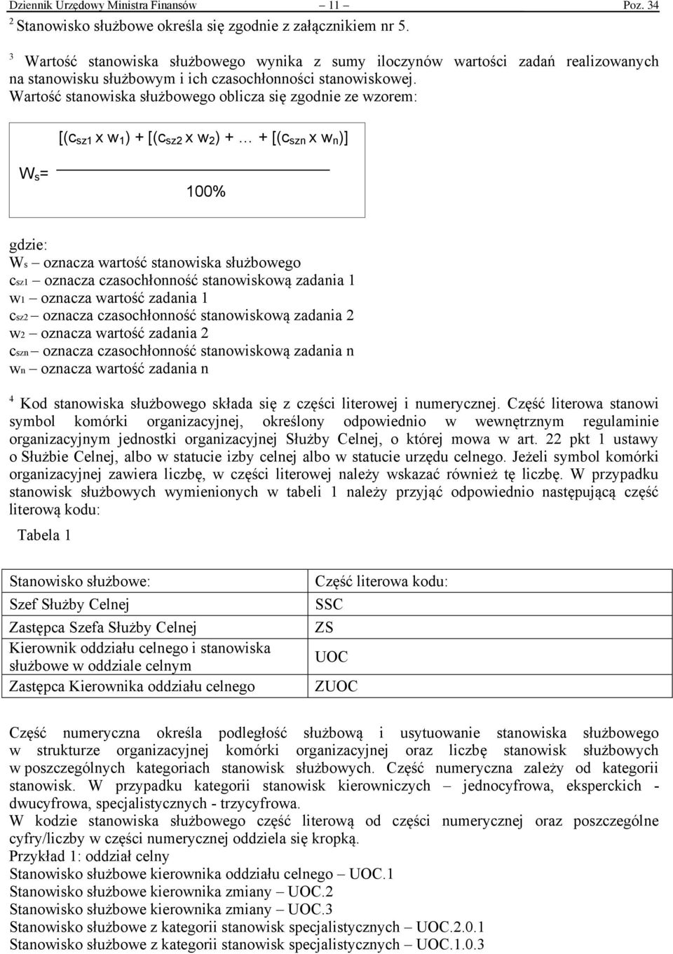 Wartość stanowiska służbowego oblicza się zgodnie ze wzorem: [(c sz1 x w 1 ) + [(c sz2 x w 2 ) + + [(c szn x w n )] W s = 100% gdzie: Ws oznacza wartość stanowiska służbowego csz1 oznacza