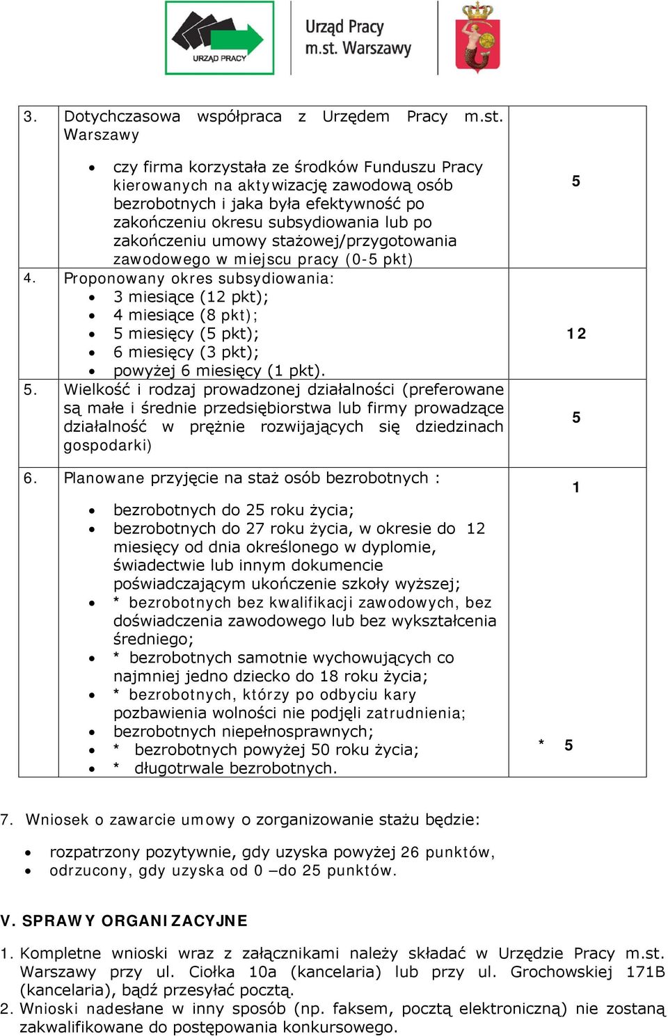 stażowej/przygotowania zawodowego w miejscu pracy (0-5 pkt) 4.