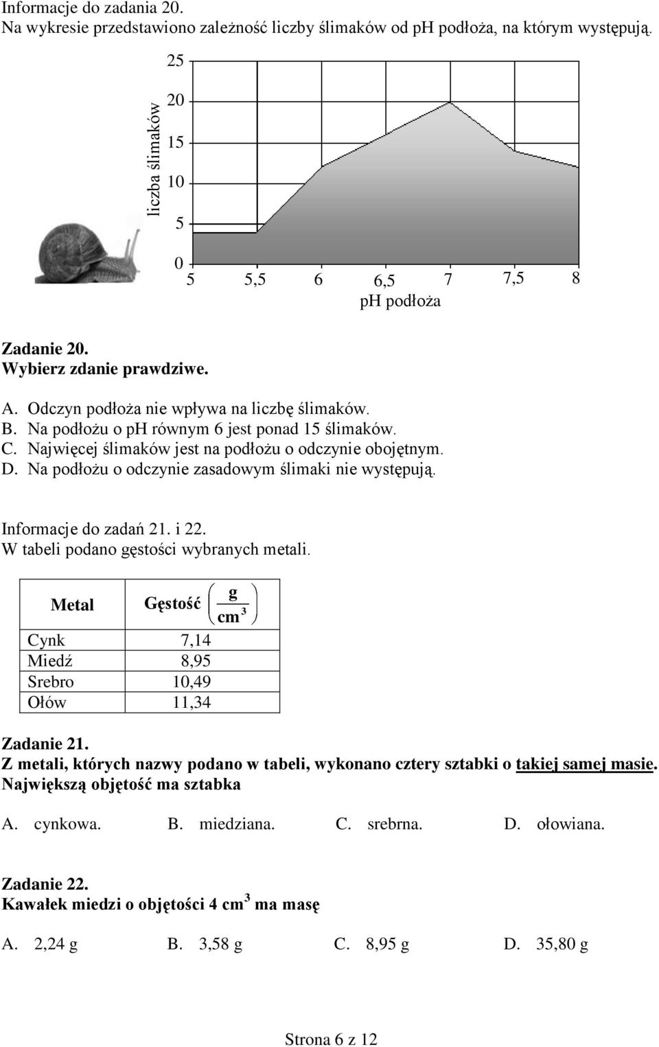 Na podłożu o odczynie zasadowym ślimaki nie występują. Informacje do zadań 1. i. W tabeli podano gęstości wybranych metali. Metal Gęstość g cm Cynk 7,14 Miedź 8,95 Srebro 10,49 Ołów 11,4 Zadanie 1.