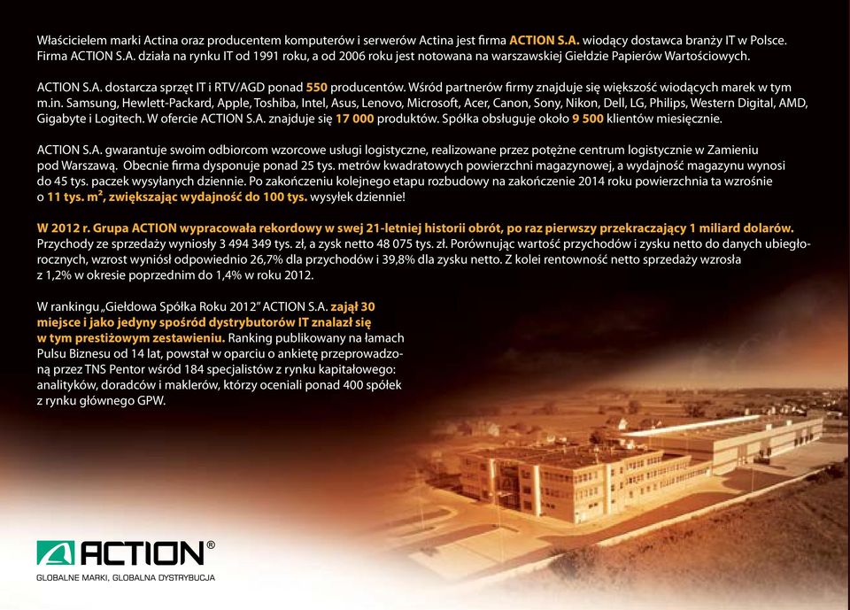 Samsung, Hewlett-Packard, Apple, Toshiba, Intel, Asus, Lenovo, Microsoft, Acer, Canon, Sony, Nikon, Dell, LG, Philips, Western Digital, AMD, Gigabyte i Logitech. W ofercie ACTION S.A. znajduje się 17 000 produktów.