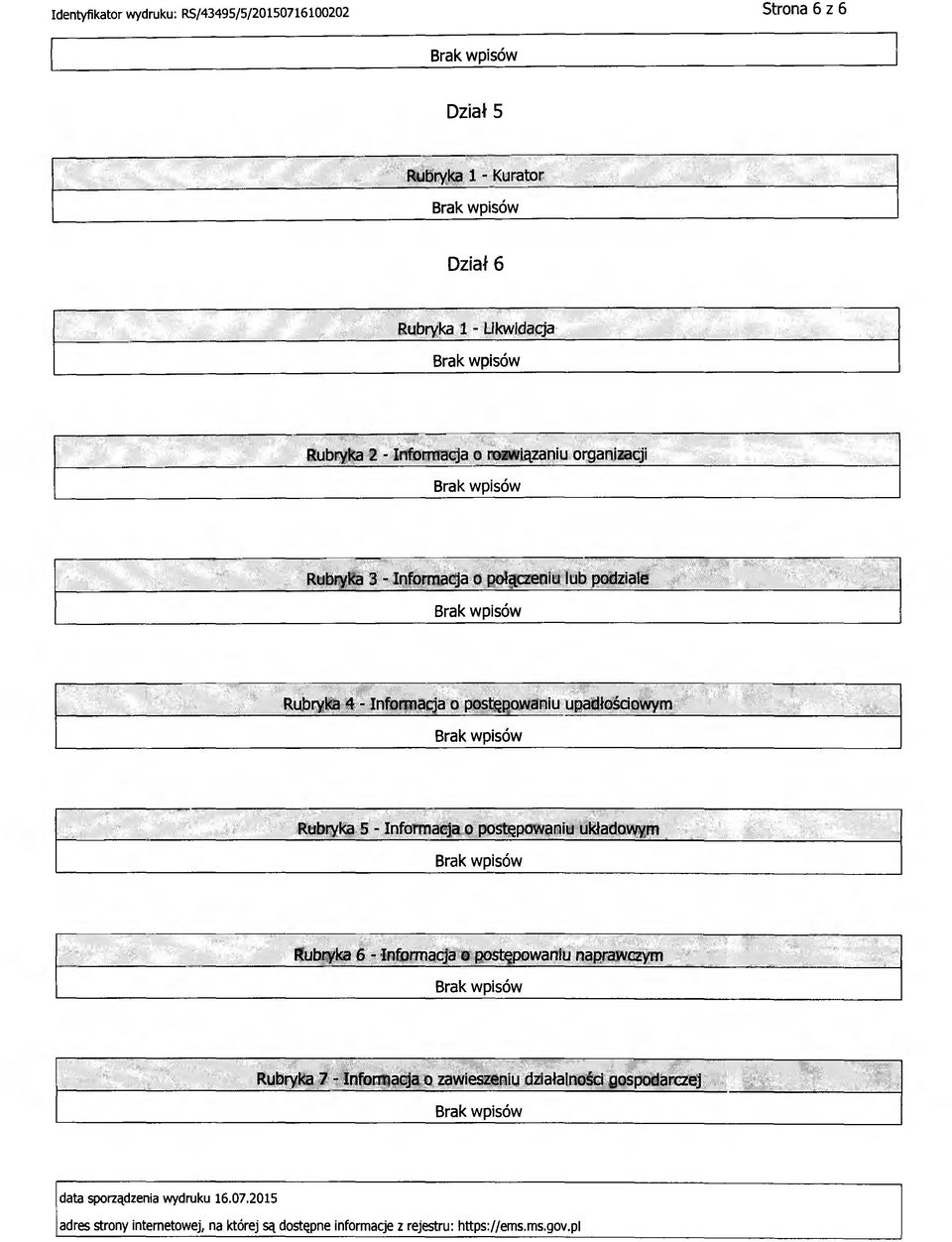 Rubryka 5 - Informacja o postępowaniu układowym Rubryka 6 - Informacja o postępowaniu naprawczym Rubryka 7 - Informacja o zawieszeniu