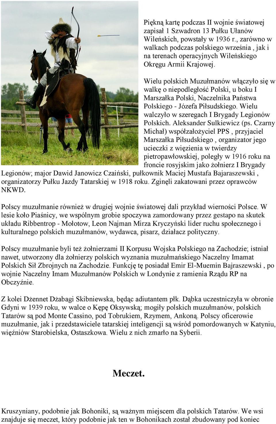 Wielu polskich Muzułmanów włączyło się w walkę o niepodległość Polski, u boku I Marszałka Polski, Naczelnika Państwa Polskiego - Józefa Piłsudskiego.
