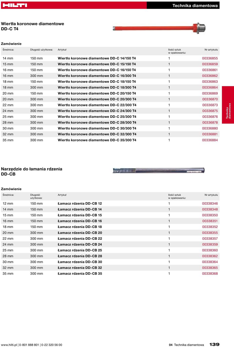 300 mm Wiertło koronowe diamentowe DD-C 18/300 T4 1 00336864 20 mm 150 mm Wiertło koronowe diamentowe DD-C 20/150 T4 1 00336869 20 mm 300 mm Wiertło koronowe diamentowe DD-C 20/300 T4 1 00336870 22