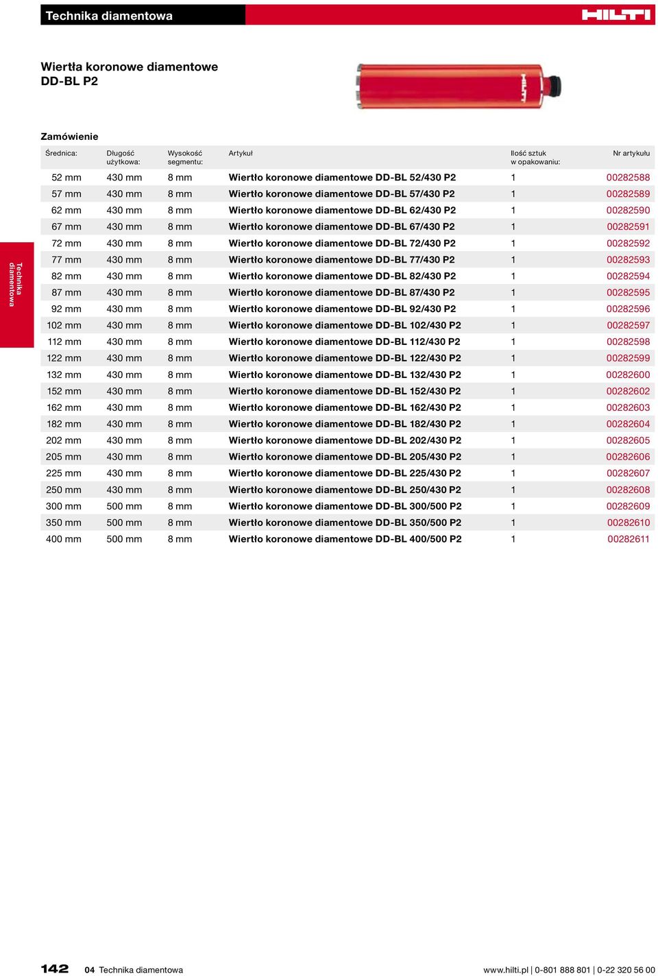 diamentowe DD-BL 72/430 P2 1 00282592 77 mm 430 mm 8 mm Wiertło koronowe diamentowe DD-BL 77/430 P2 1 00282593 82 mm 430 mm 8 mm Wiertło koronowe diamentowe DD-BL 82/430 P2 1 00282594 87 mm 430 mm 8