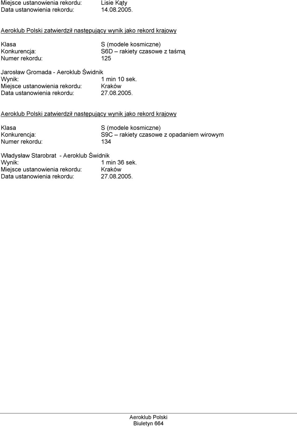 Aeroklub Świdnik Wynik: 1 min 10 sek. Miejsce ustanowienia rekordu: Kraków Data ustanowienia rekordu: 27.08.2005.