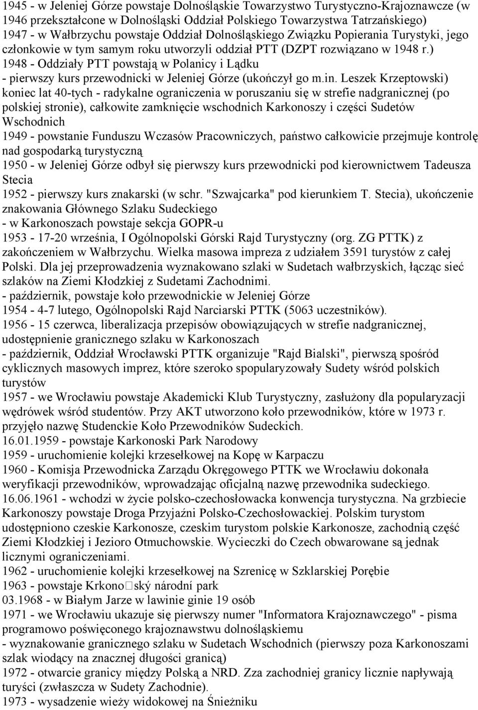 ) 1948 - Oddziały PTT powstają w Polanicy i Lądku - pierwszy kurs przewodnicki w Jeleniej Górze (ukończył go m.in.