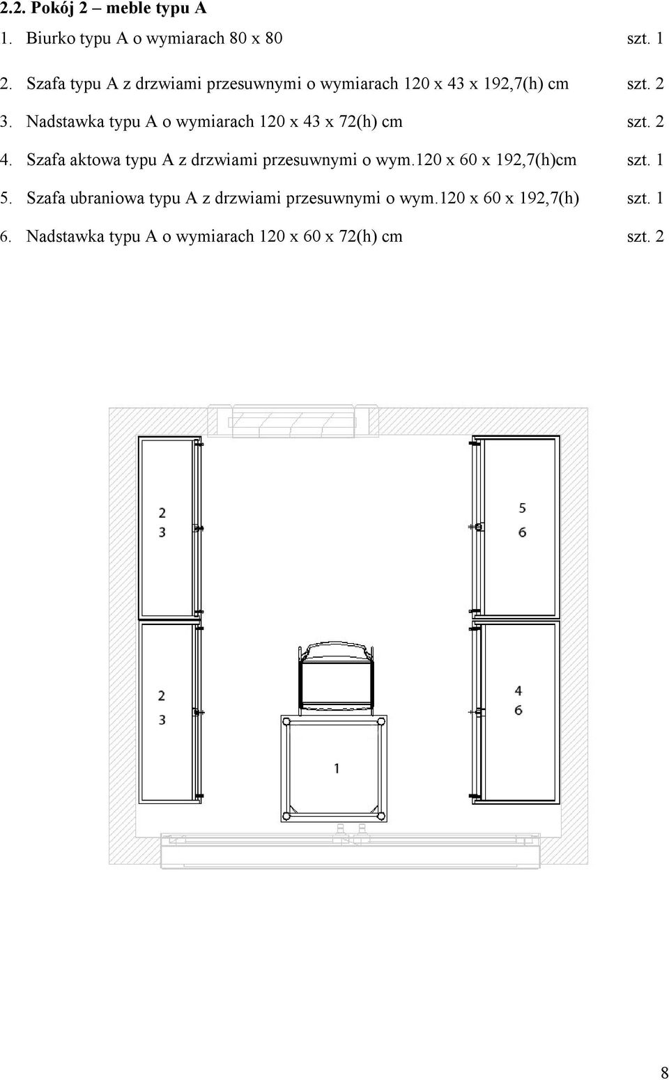 Nadstawka typu A o wymiarach 120 x 43 x 72(h) cm szt. 2 4. Szafa aktowa typu A z drzwiami przesuwnymi o wym.