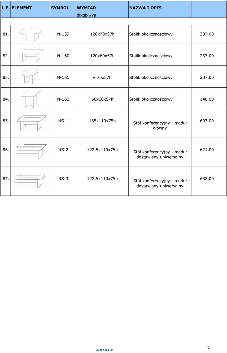 N-162 60x60x57h Stolik okolicznościowy 148,00 85. NS-1 185x110x75h Stół konferencyjny - moduł 697,00 główny 86.