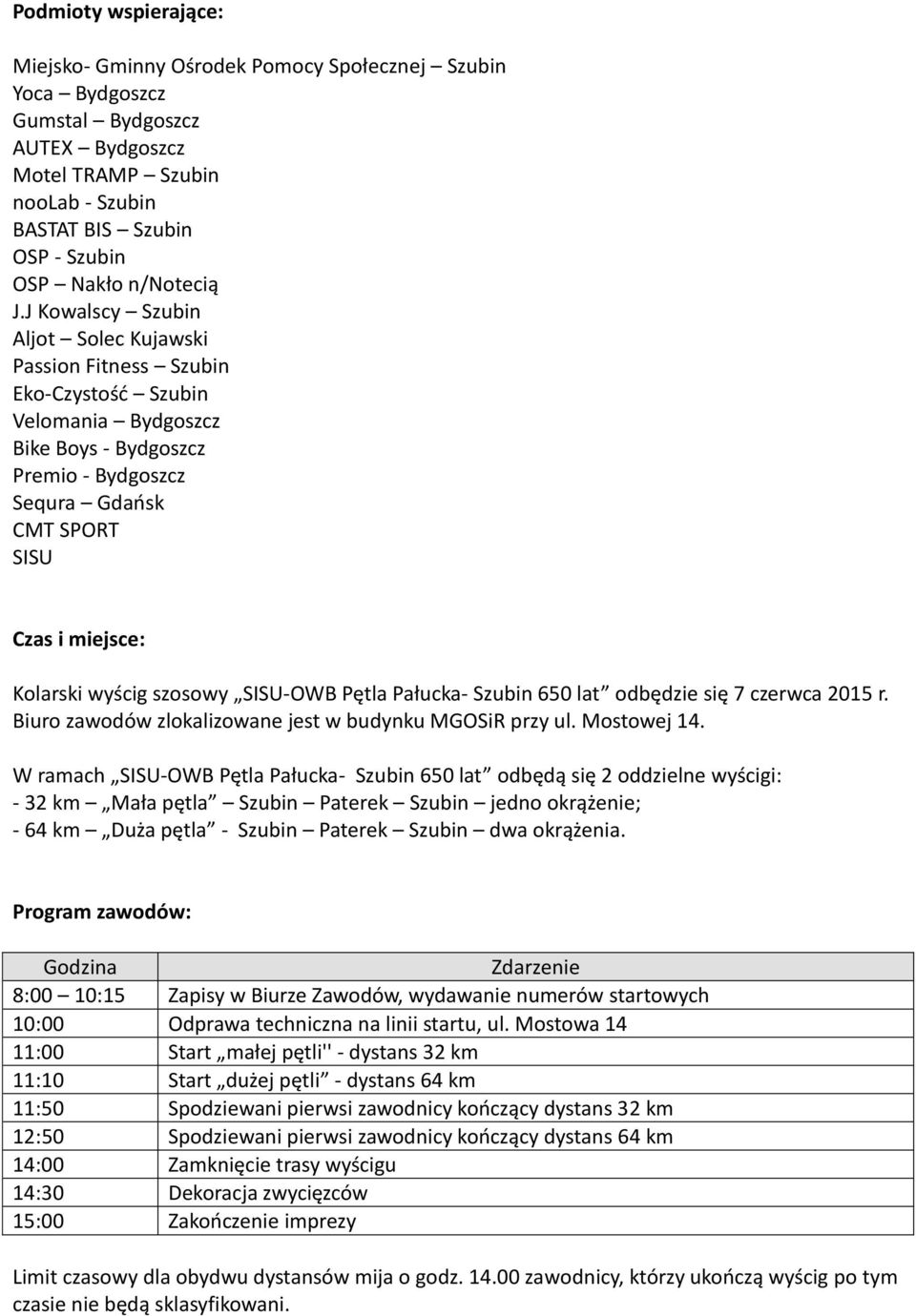 J Kowalscy Szubin Aljot Solec Kujawski Passion Fitness Szubin Eko-Czystość Szubin Velomania Bydgoszcz Bike Boys - Bydgoszcz Premio - Bydgoszcz Sequra Gdańsk CMT SPORT SISU Czas i miejsce: Kolarski