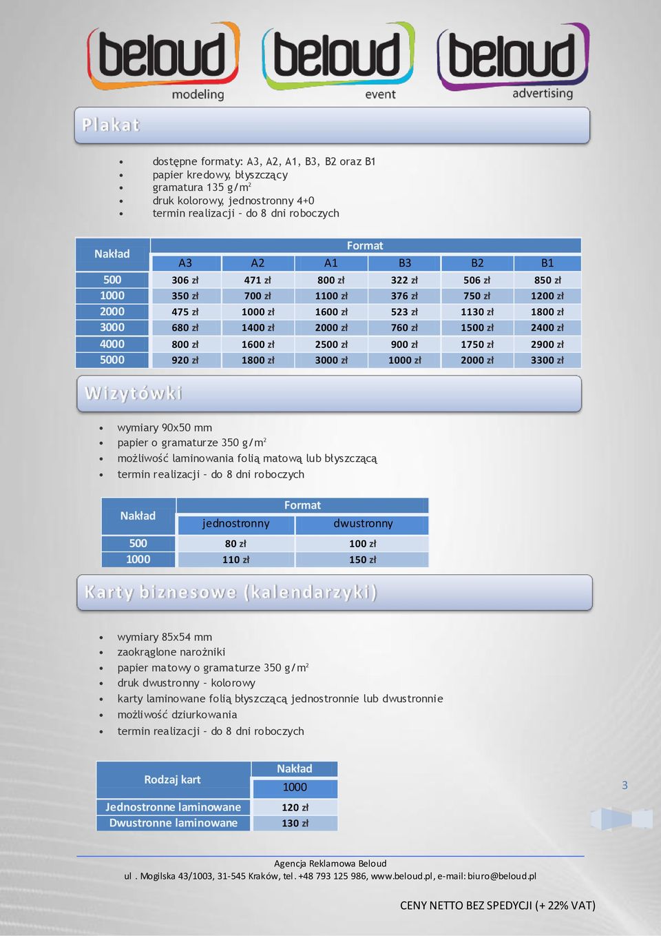 2500 zł 900 zł 1750 zł 2900 zł 5000 920 zł 1800 zł 3000 zł 1000 zł 2000 zł 3300 zł wymiary 90x50 mm papier o gramaturze 350 g/m 2 możliwość laminowania folią matową lub błyszczącą termin realizacji