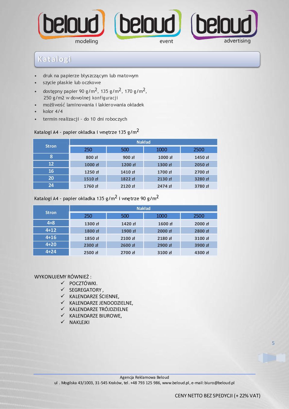 1410 zł 1700 zł 2700 zł 20 1510 zł 1822 zł 2130 zł 3280 zł 24 1760 zł 2120 zł 2474 zł 3780 zł Katalogi A4 papier okładka 135 g/m 2 i wnętrze 90 g/m 2 Stron 250 500 1000 2500 4+8 1300 zł 1420 zł 1600