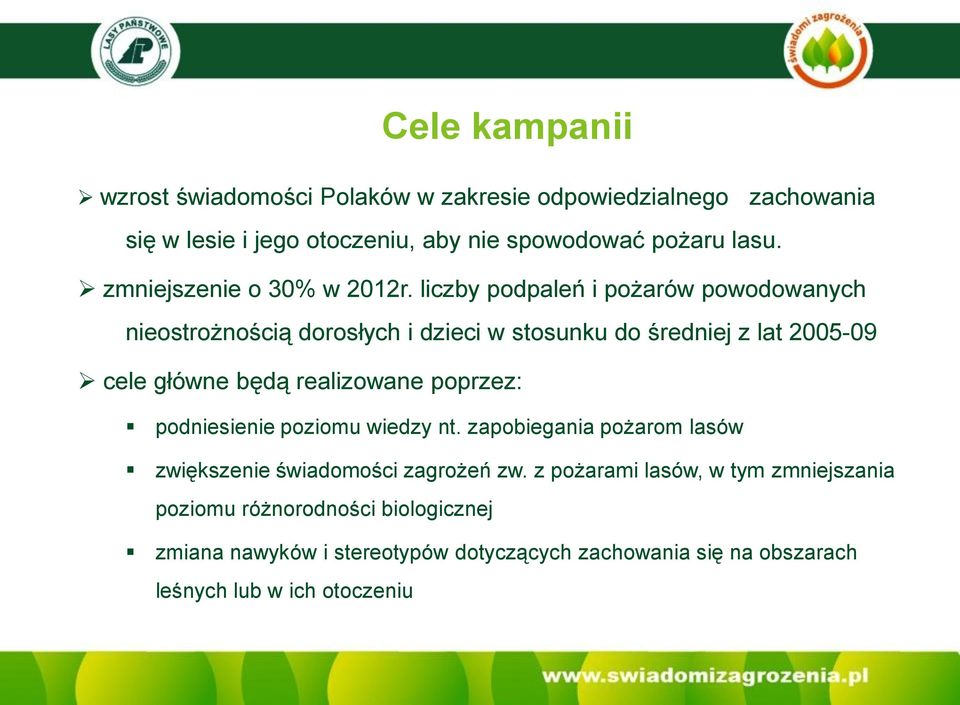 liczby podpaleń i pożarów powodowanych nieostrożnością dorosłych i dzieci w stosunku do średniej z lat 2005-09 cele główne będą realizowane