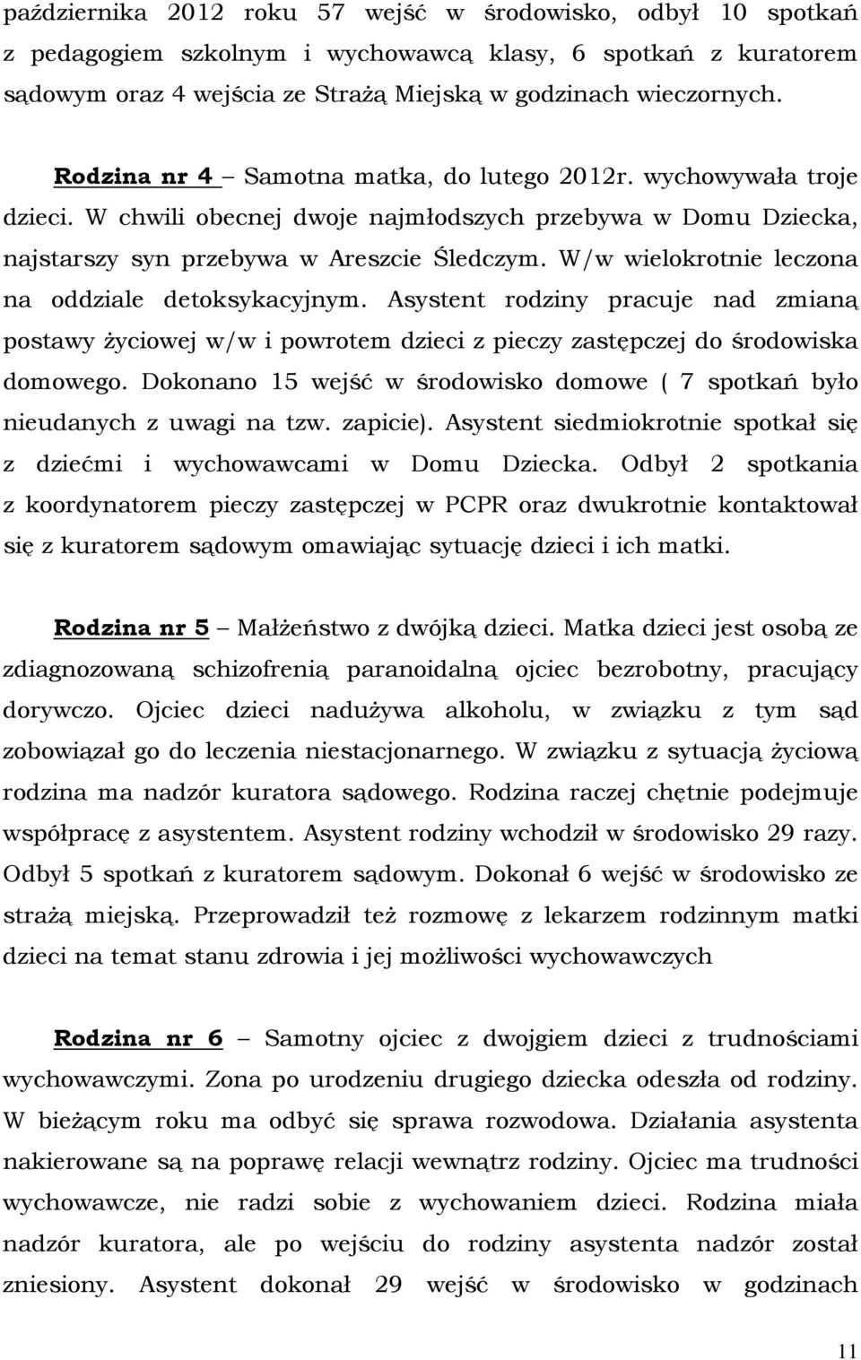 W/w wielokrotnie leczona na oddziale detoksykacyjnym. Asystent rodziny pracuje nad zmianą postawy życiowej w/w i powrotem dzieci z pieczy zastępczej do środowiska domowego.