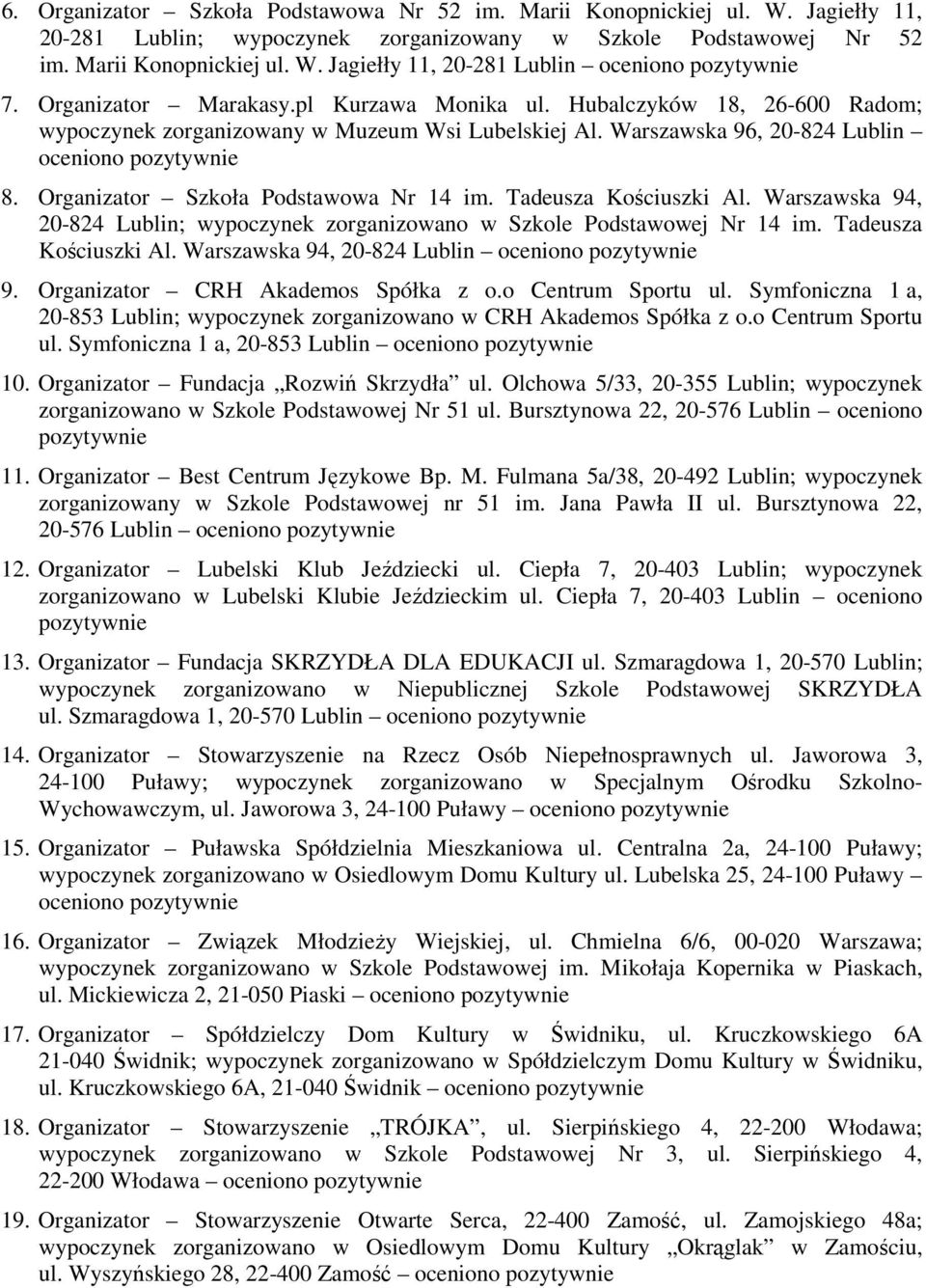 Organizator Szkoła Podstawowa Nr 14 im. Tadeusza Kościuszki Al. Warszawska 94, 20-824 Lublin; wypoczynek zorganizowano w Szkole Podstawowej Nr 14 im. Tadeusza Kościuszki Al. Warszawska 94, 20-824 Lublin oceniono 9.