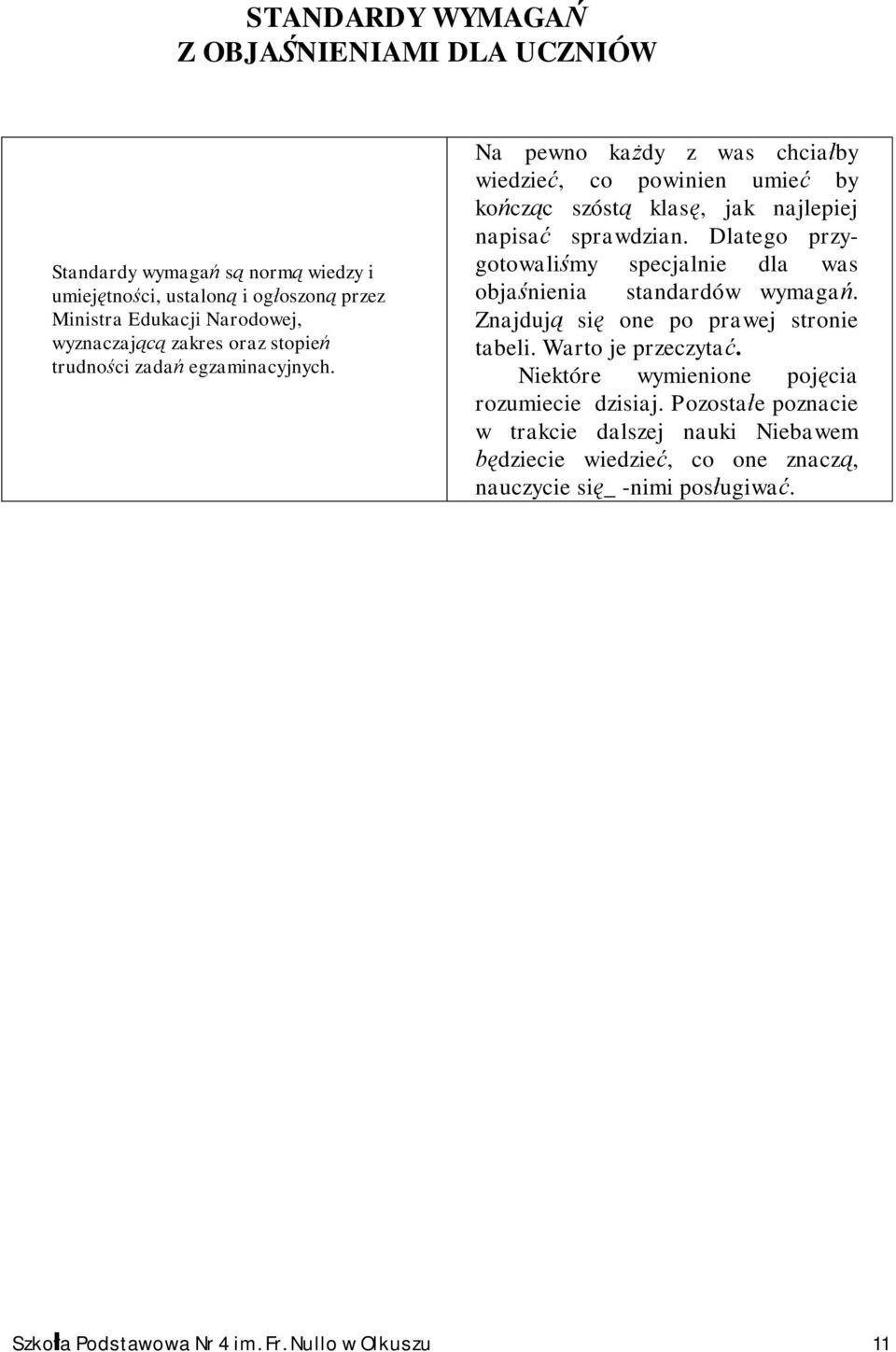 Dlatego przygotowaliśmy specjalnie dla was objaśnienia standardów wymagań. Znajdują się one po prawej stronie tabeli. Warto je przeczytać.