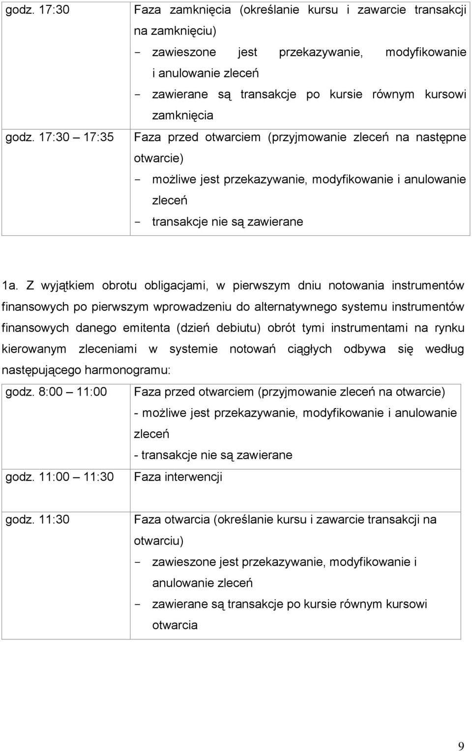 zamknięcia Faza przed otwarciem (przyjmowanie zleceń na następne otwarcie) możliwe jest przekazywanie, modyfikowanie i anulowanie zleceń transakcje nie są zawierane 1a.