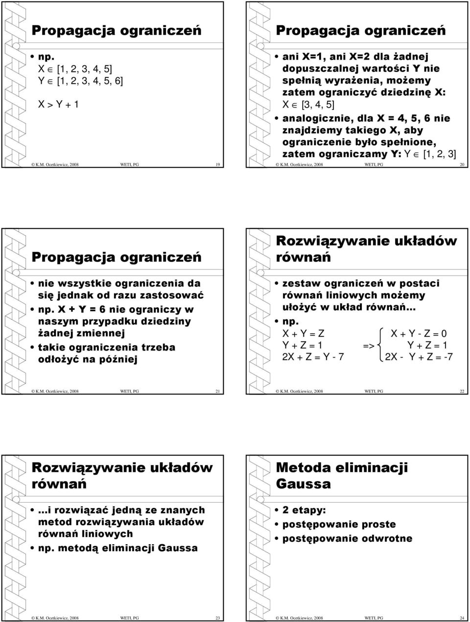 spełioe, ztem ogriczmy Y: Y [,, 3] K.. Ocetkiewicz, 008 WETI, PG 0 Propgcj ogriczeń ie wszystkie ogriczei d się jedk od rzu zstosowć p.