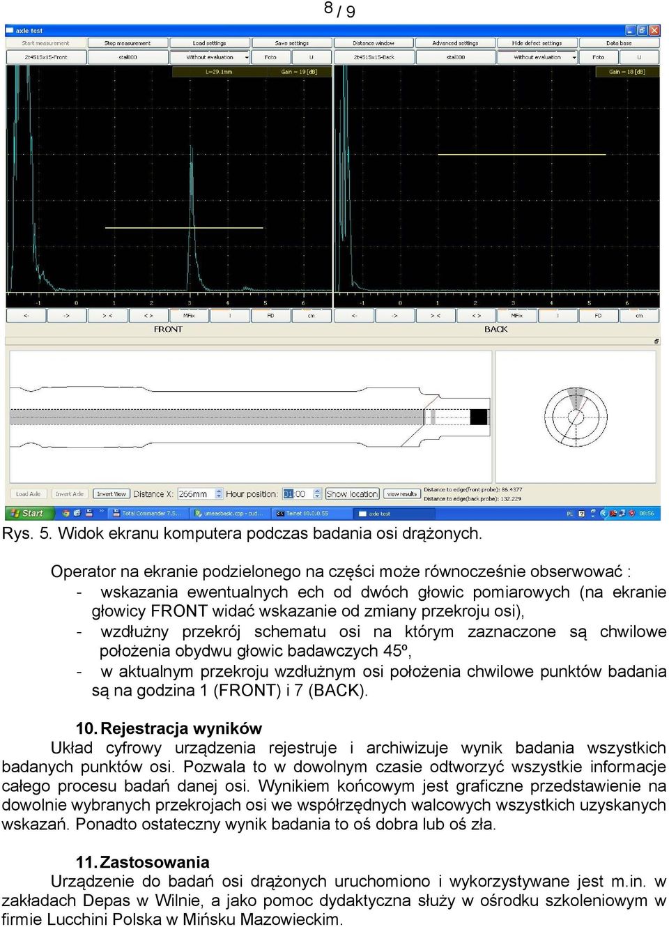 - wzdłużny przekrój schematu osi na którym zaznaczone są chwilowe położenia obydwu głowic badawczych 45º, - w aktualnym przekroju wzdłużnym osi położenia chwilowe punktów badania są na godzina 1