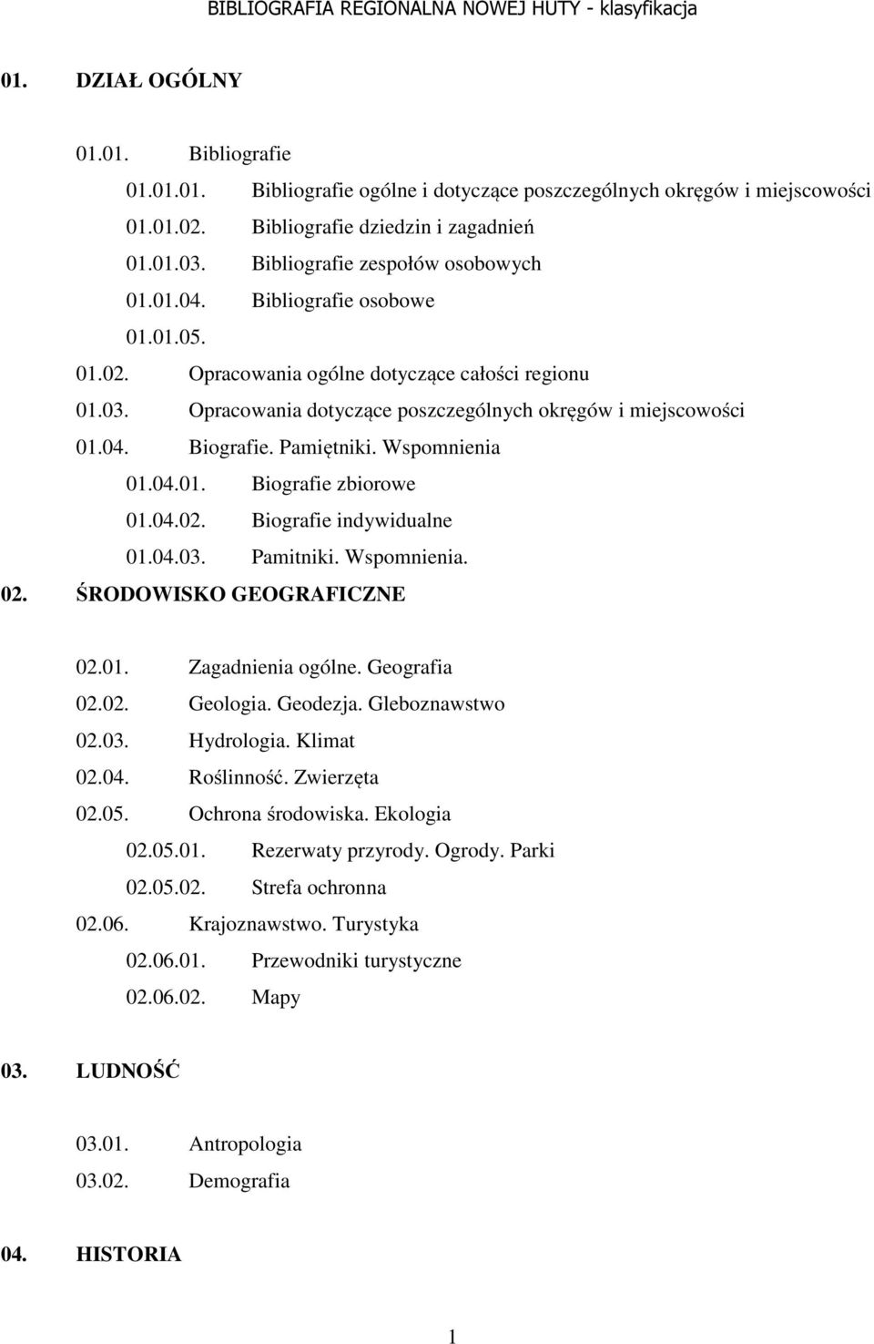 04. Biografie. Pamiętniki. Wspomnienia 01.04.01. Biografie zbiorowe 01.04.02. Biografie indywidualne 01.04.03. Pamitniki. Wspomnienia. 02. ŚRODOWISKO GEOGRAFICZNE 02.01. Zagadnienia ogólne.