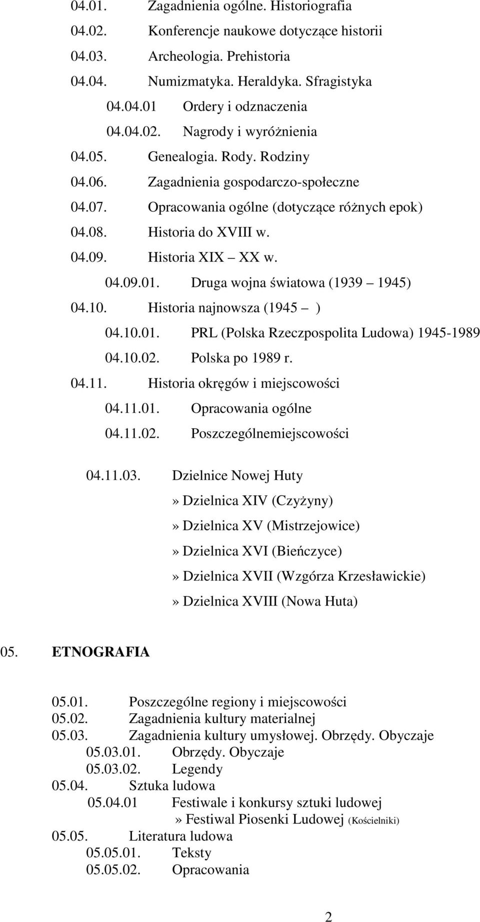 Druga wojna światowa (1939 1945) 04.10. Historia najnowsza (1945 ) 04.10.01. PRL (Polska Rzeczpospolita Ludowa) 1945-1989 04.10.02. Polska po 1989 r. 04.11. Historia okręgów i miejscowości 04.11.01. Opracowania ogólne 04.