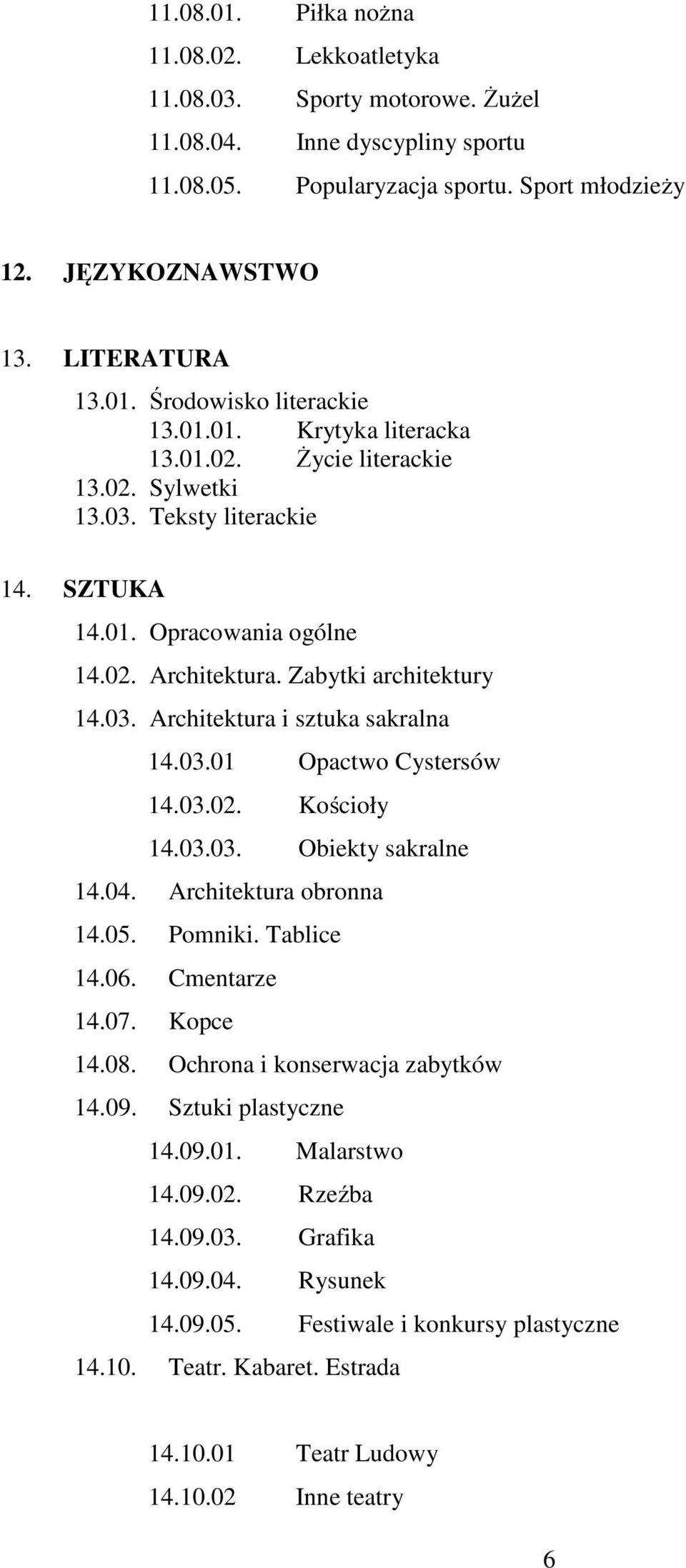 03.01 Opactwo Cystersów 14.03.02. Kościoły 14.03.03. Obiekty sakralne 14.04. Architektura obronna 14.05. Pomniki. Tablice 14.06. Cmentarze 14.07. Kopce 14.08. Ochrona i konserwacja zabytków 14.09.