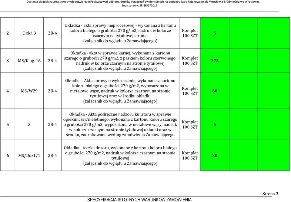 sprawy o wykroczenie, wykonane z kartonu koloru białego o grubości 270 g/m2, wyposażona w metalowe wąsy, nadruk w kolorze czarnym na stronie tytułowej oraz w środku okładki 60 5 X 2B-4 Okładka - Akta